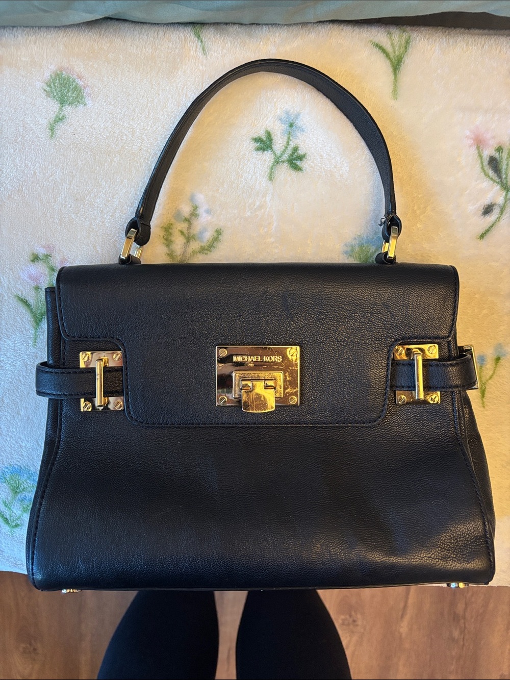 Michael Kors Black Leather Satchel with Gold Hardware